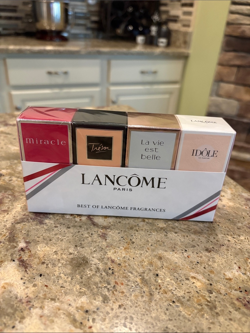 Lancome Mini Fragrance Set with Pink, Peach, Gold and Cream Bottles